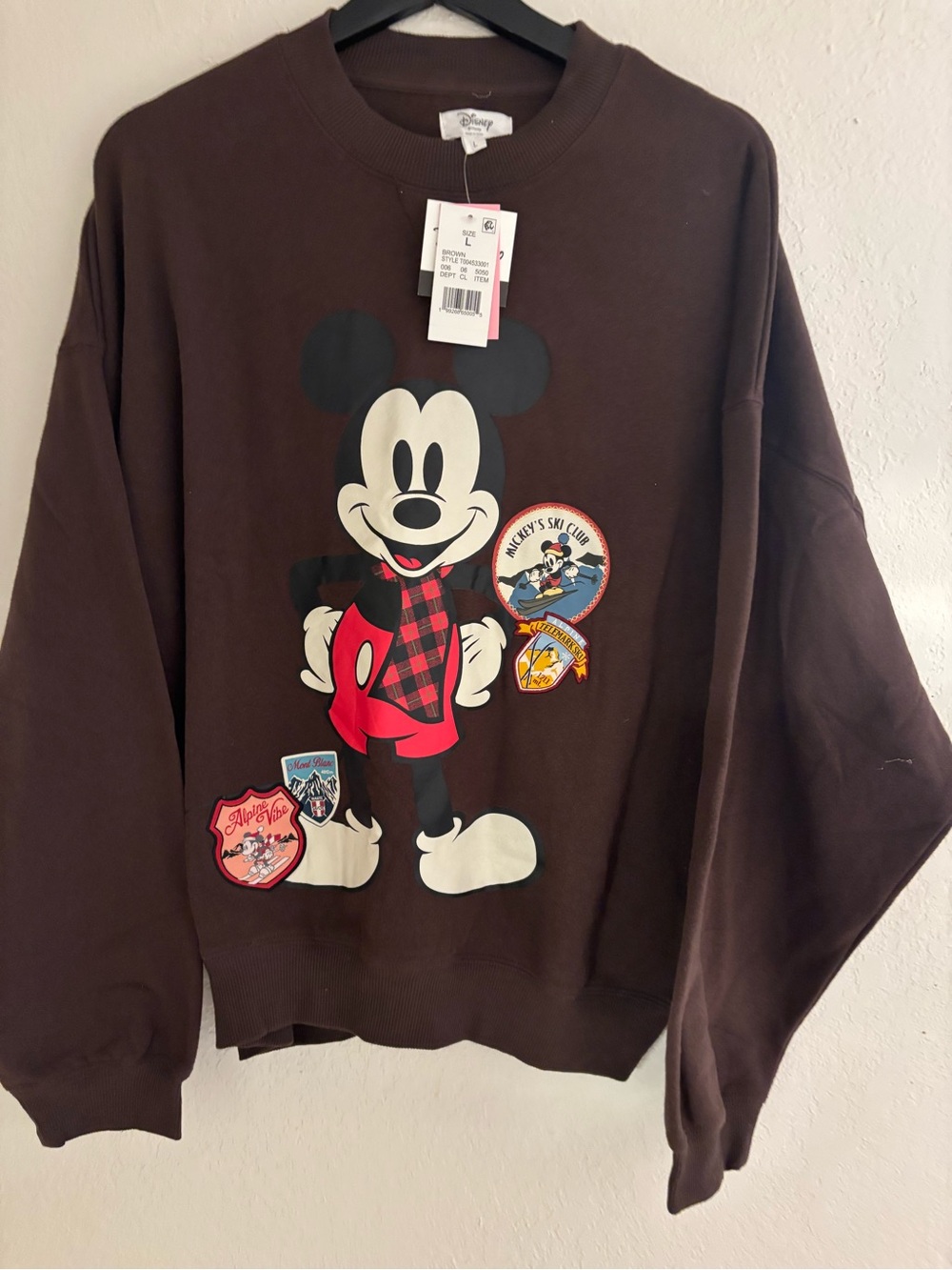 Disney Brown Mickey Mouse Patch Graphic Crewneck Sweater